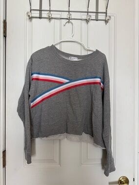 Peloton Gray Cropped Sweatshirt with Red, White & Blue Stripes